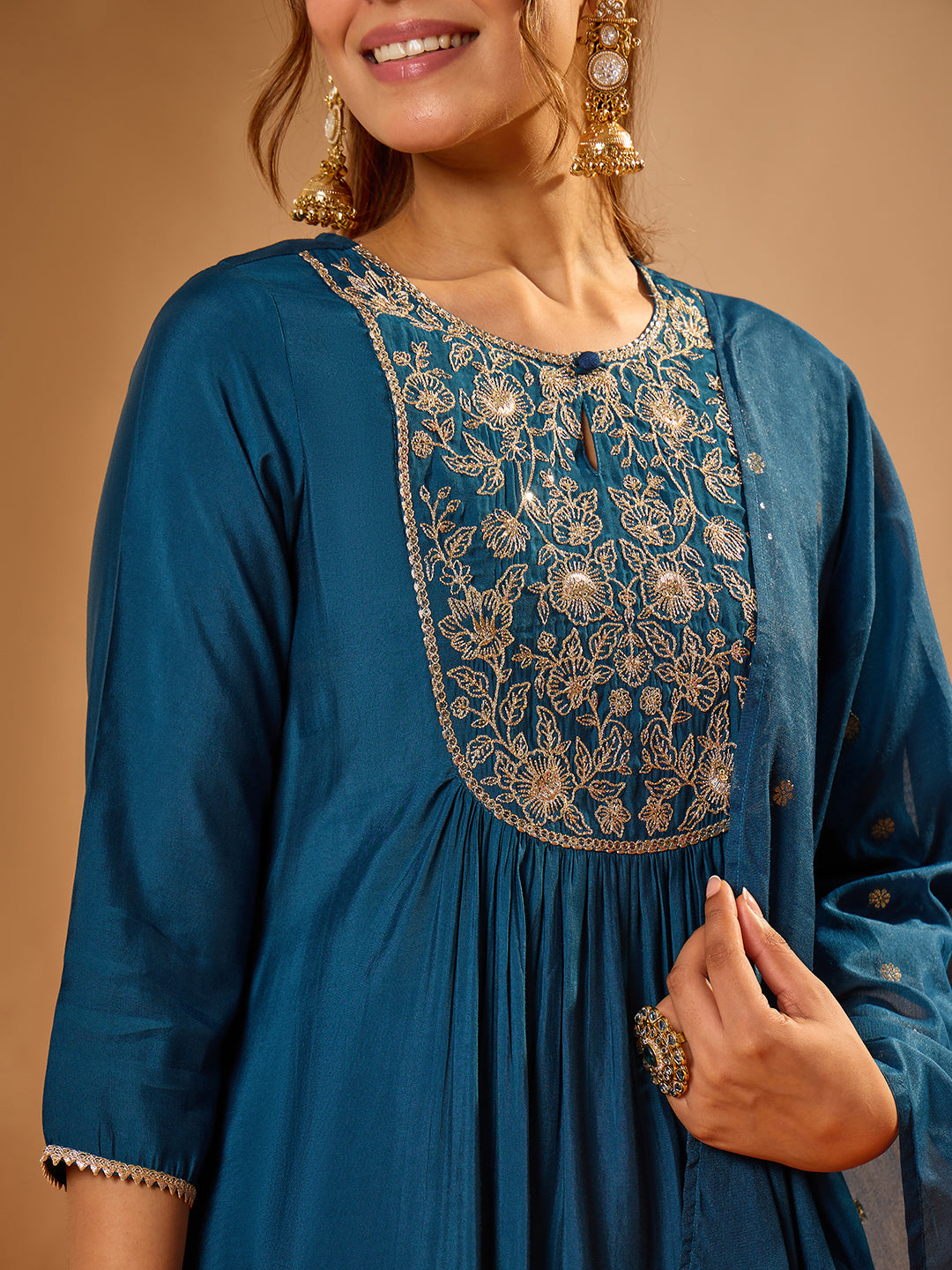 Janasya Women's Teal Blue Chanderi Silk Floral Zari Yoke Embroidered A-line Kurta Set