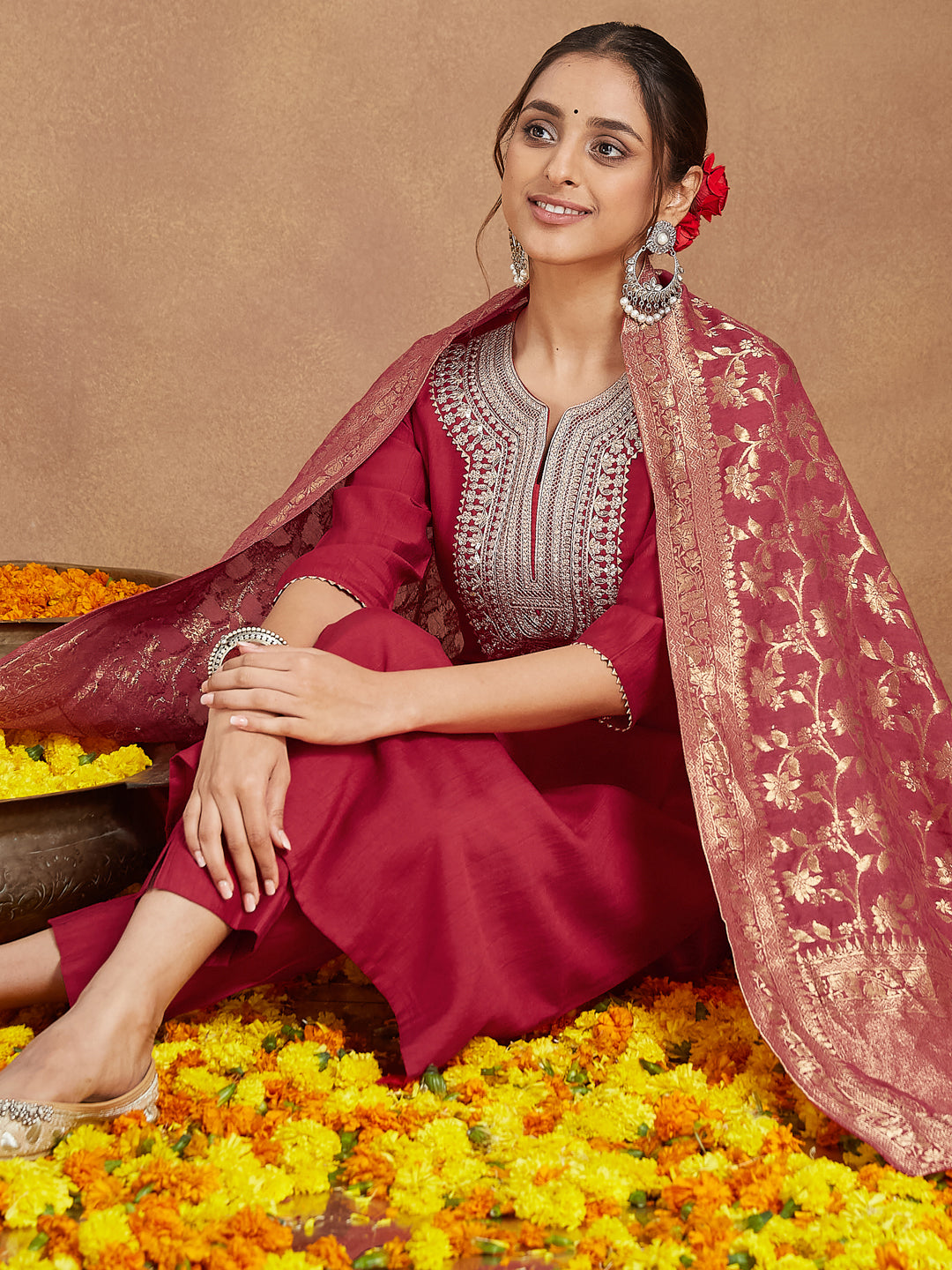 Janasya Women's Maroon Silk Blend Zari Embroidered Straight Kurta Set