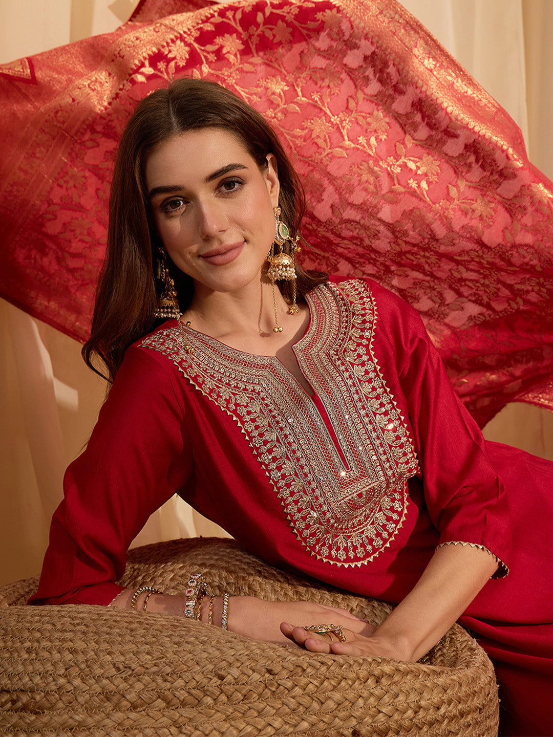 Janasya Women's Maroon Silk Blend Zari Yoke Embroidered Straight Kurta Set with Jacquard Dupatta