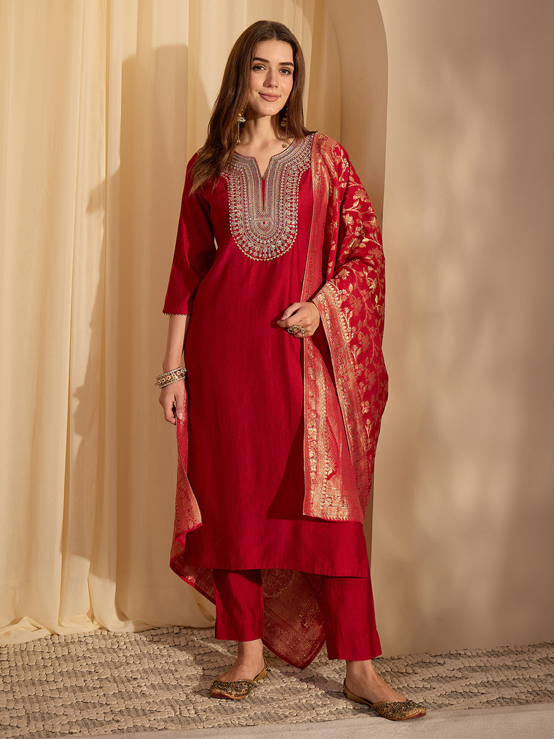 Janasya Women's Maroon Silk Blend Zari Yoke Embroidered Straight Kurta Set with Jacquard Dupatta