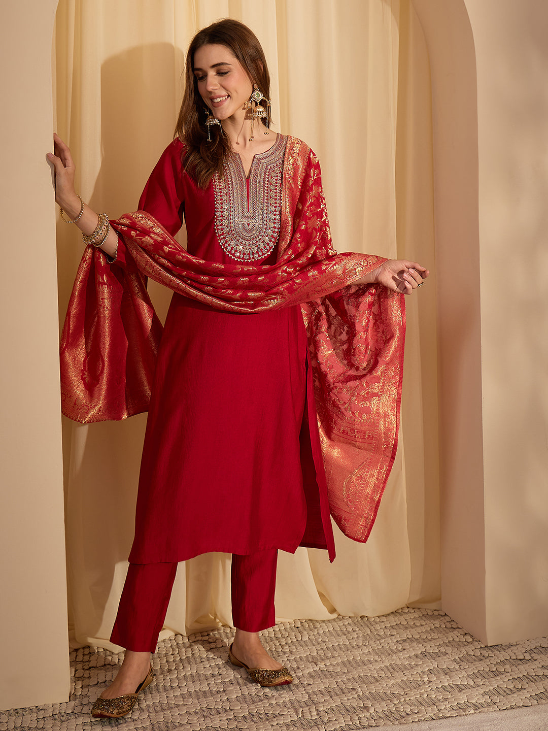 Janasya Women's Maroon Silk Blend Zari Yoke Embroidered Straight Kurta Set with Jacquard Dupatta
