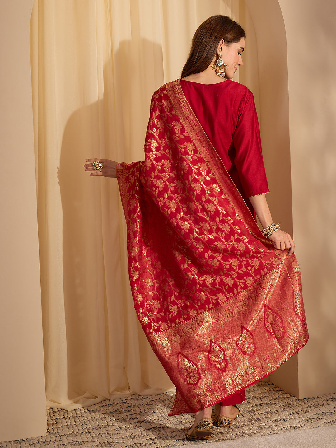 Janasya Women's Maroon Silk Blend Zari Yoke Embroidered Straight Kurta Set with Jacquard Dupatta