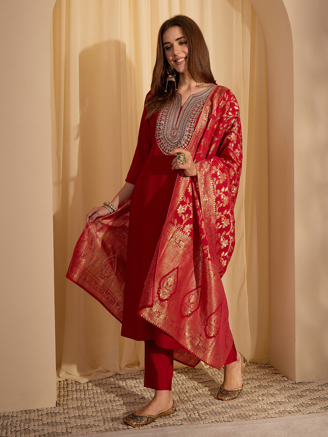Janasya Women's Maroon Silk Blend Zari Yoke Embroidered Straight Kurta Set with Jacquard Dupatta