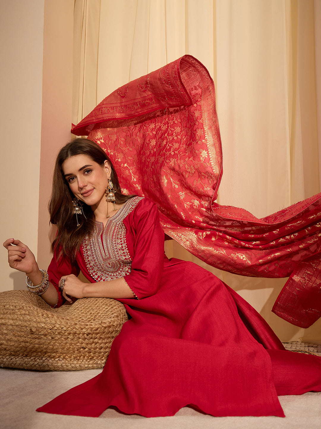 Janasya Women's Maroon Silk Blend Zari Yoke Embroidered Straight Kurta Set with Jacquard Dupatta