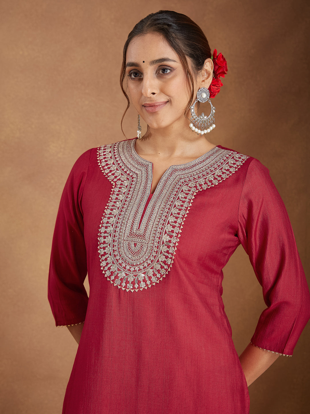 Janasya Women's Maroon Silk Blend Zari Embroidered Straight Kurta Set