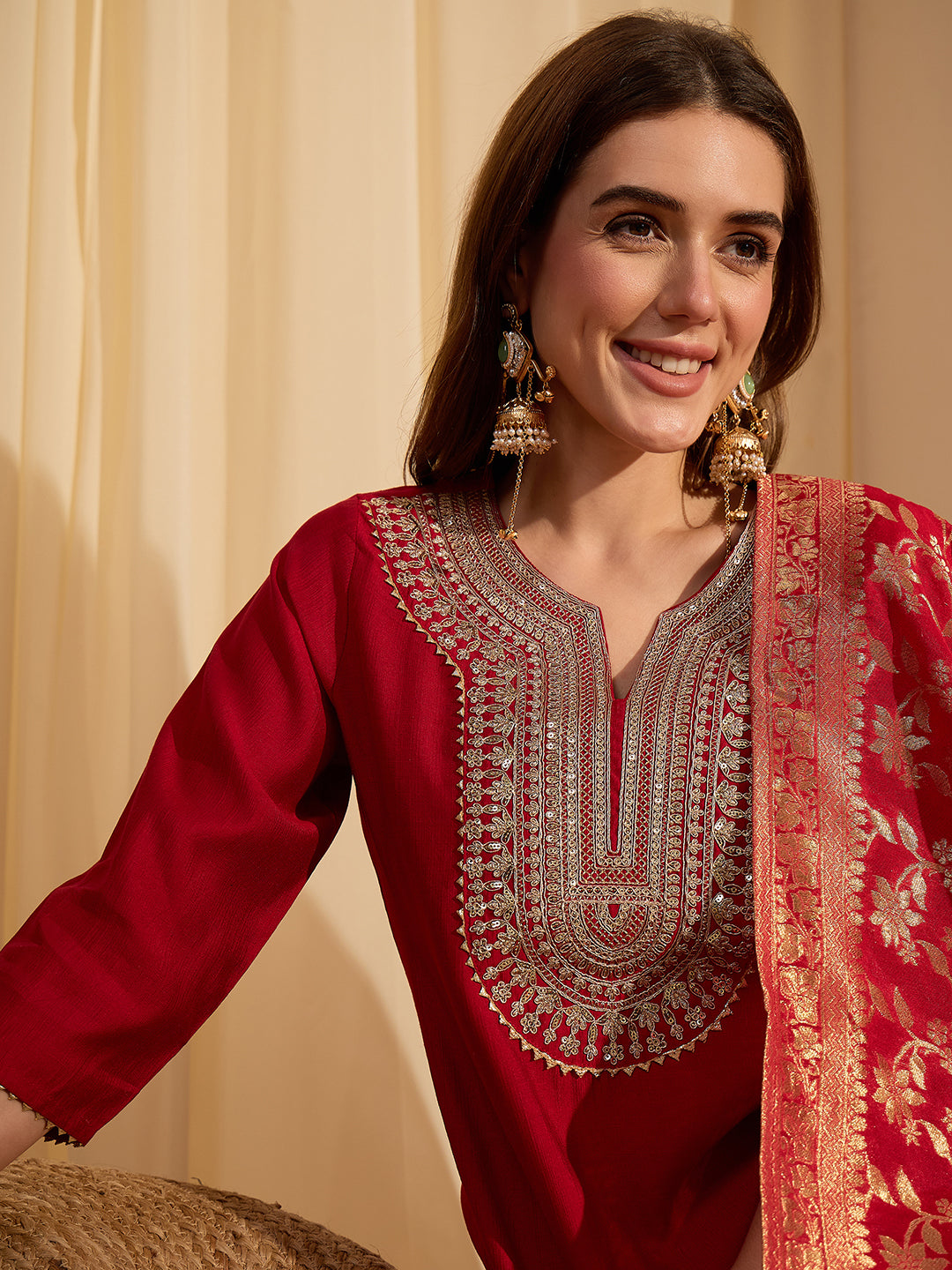Janasya Women's Maroon Silk Blend Zari Yoke Embroidered Straight Kurta Set with Jacquard Dupatta