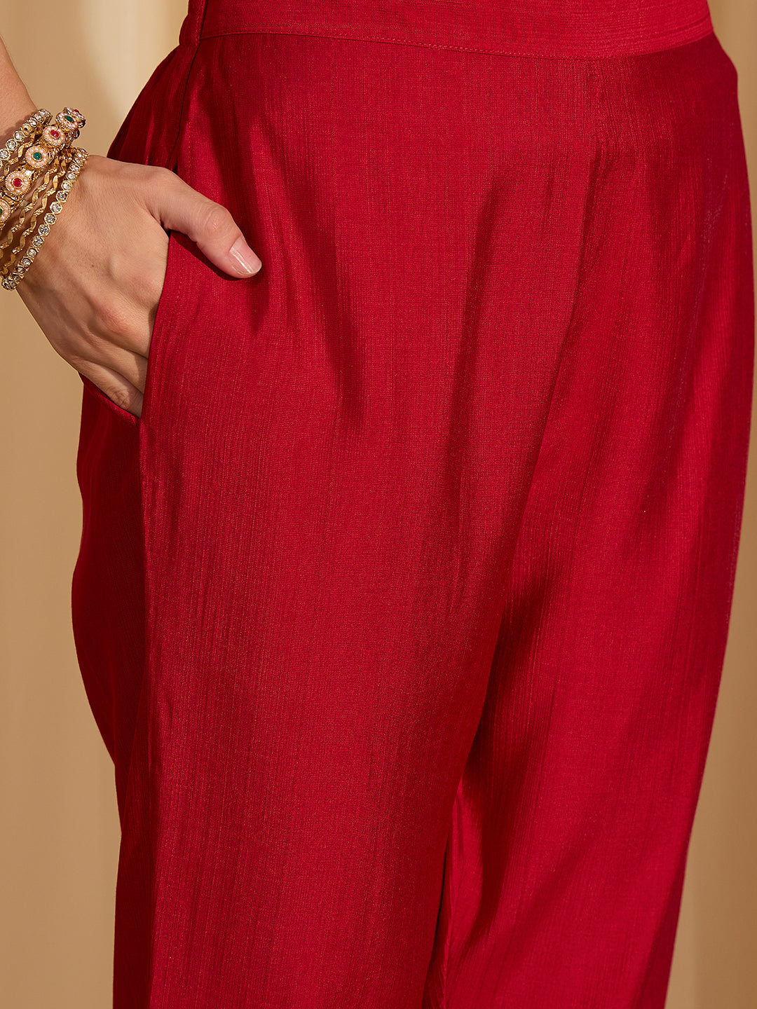 Janasya Women's Maroon Silk Blend Zari Yoke Embroidered Straight Kurta Set with Jacquard Dupatta