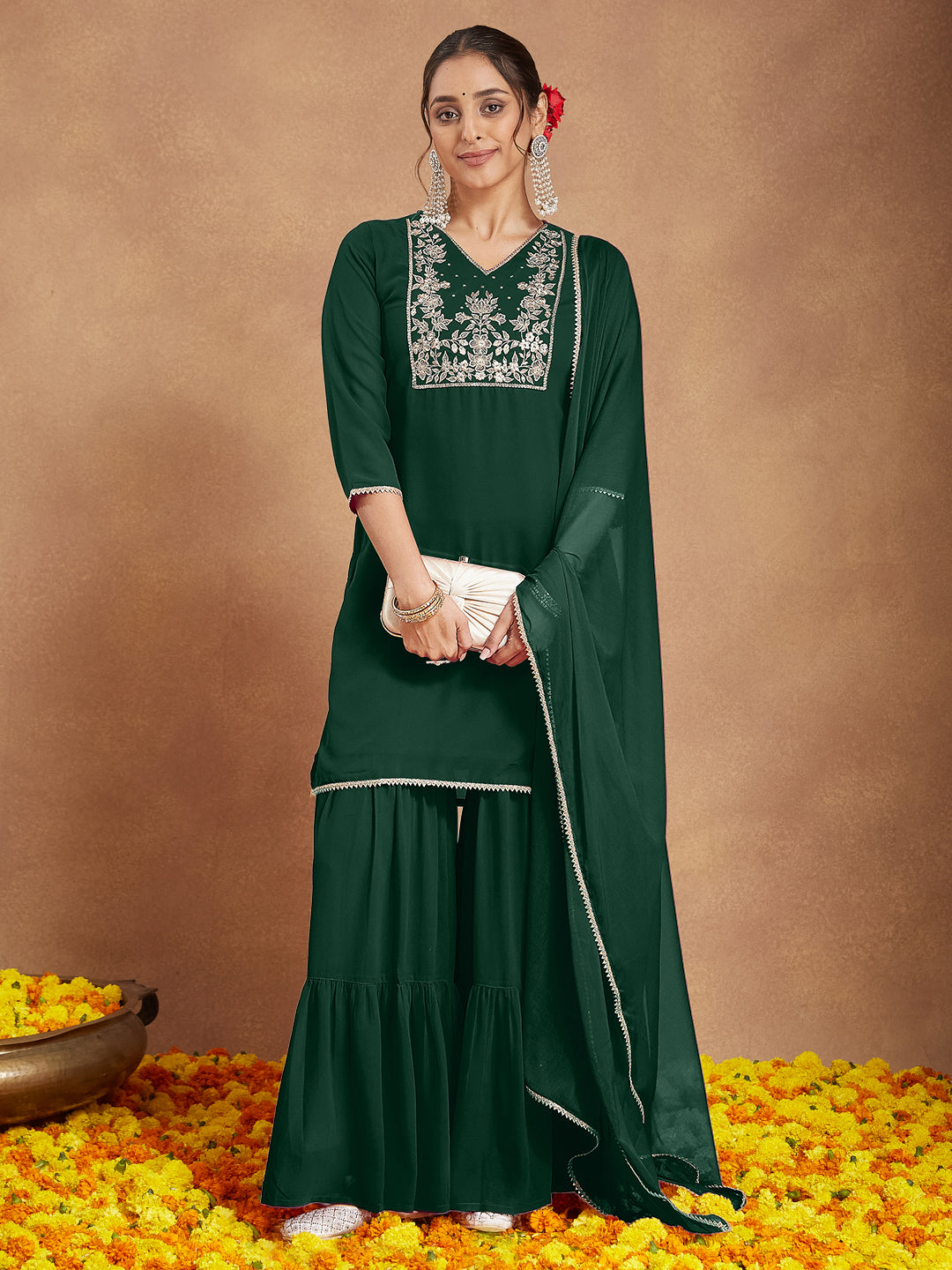Janasya Women's Dark Green Georgette Zari Embroidered Straight Kurta With Palazzo & Dupatta Set