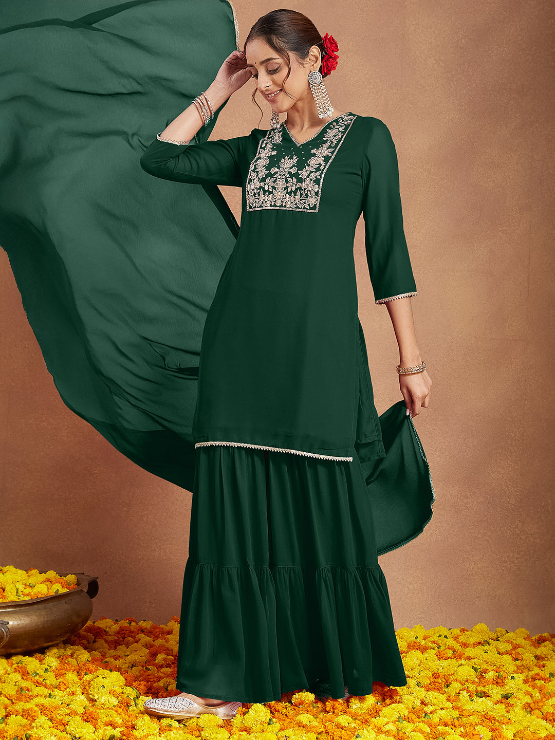 Janasya Women's Dark Green Georgette Zari Embroidered Straight Kurta With Palazzo & Dupatta Set