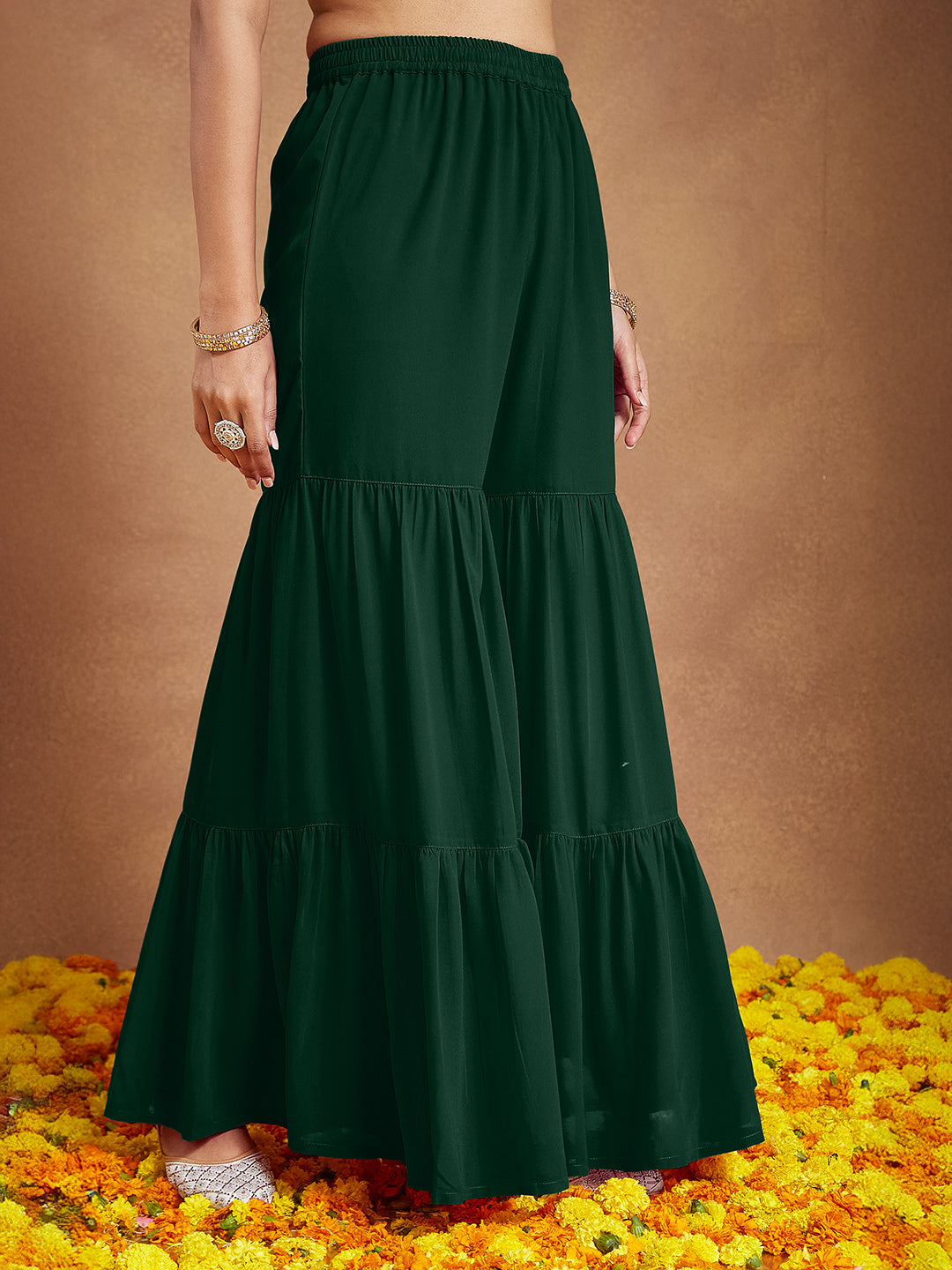 Janasya Women's Dark Green Georgette Zari Embroidered Straight Kurta With Palazzo & Dupatta Set