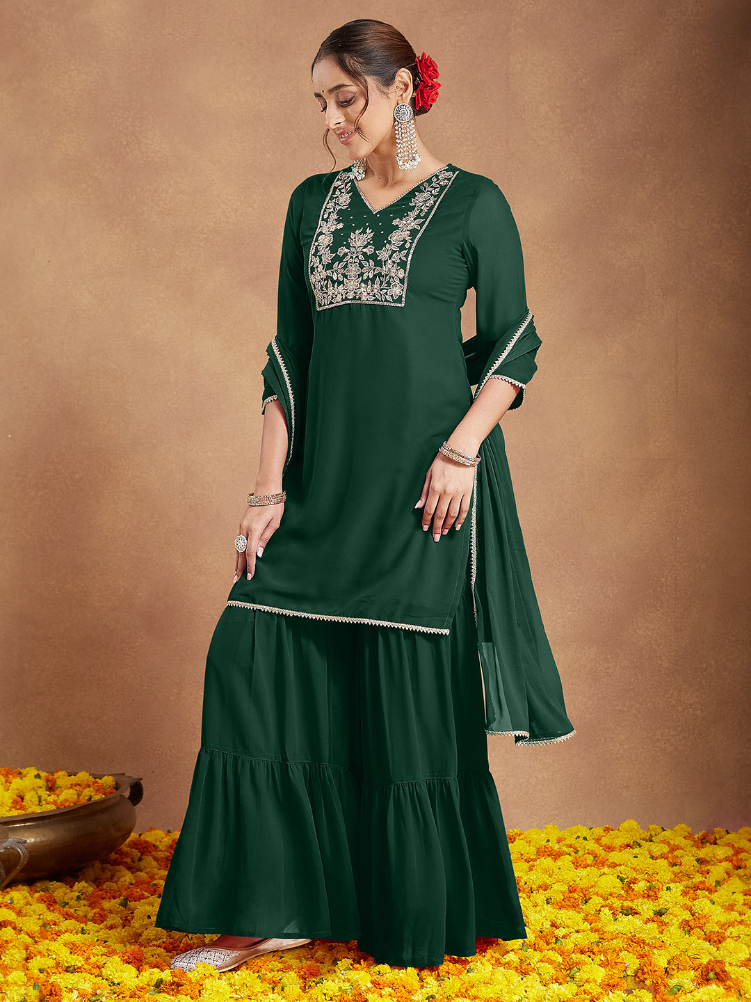Janasya Women's Dark Green Georgette Zari Embroidered Straight Kurta With Palazzo & Dupatta Set