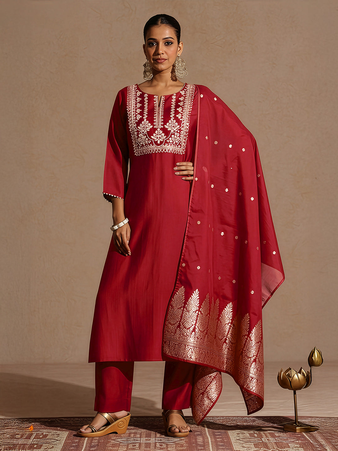 Janasya Women's Red Silk Blend Yoke Embroidered Straight Kurta Set