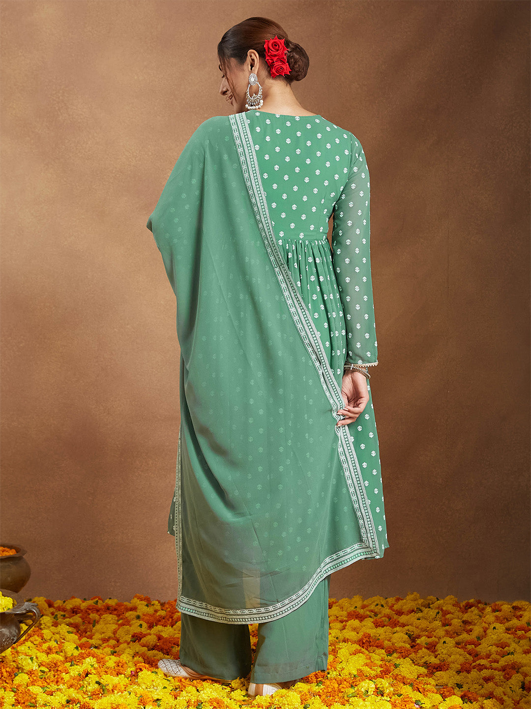 Janasya Women's Sage Green Georgette Embellished Ethnic Motifs Printed A-line Kurta Set
