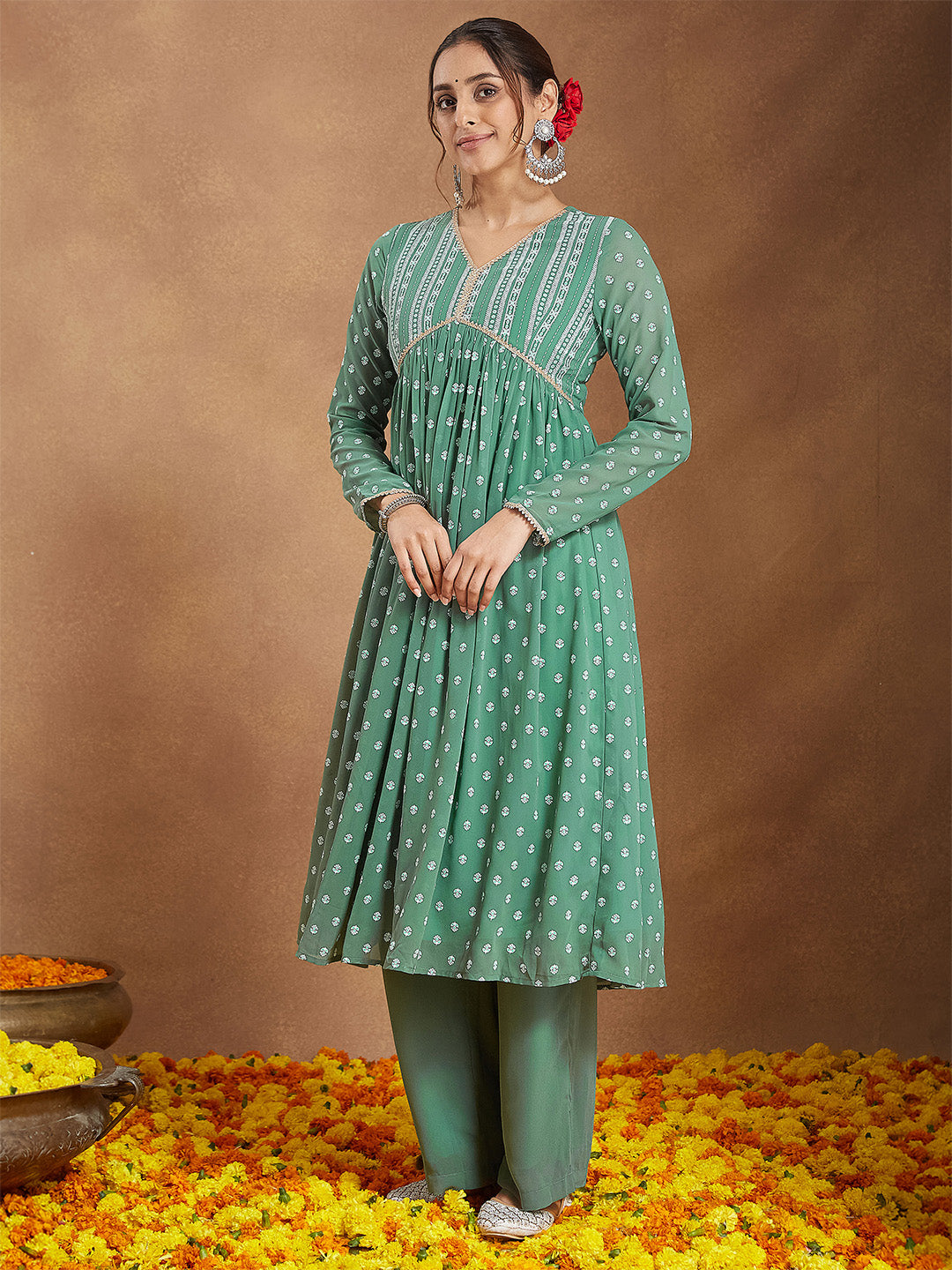 Janasya Women's Sage Green Georgette Embellished Ethnic Motifs Printed A-line Kurta Set