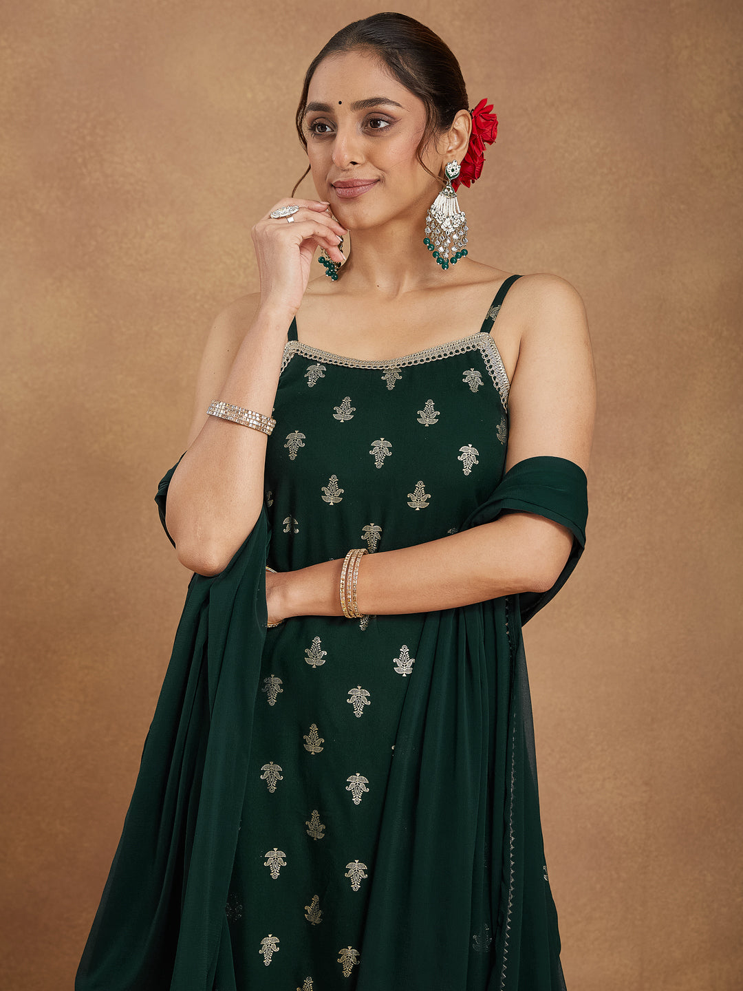 Janasya Women's Dark Green Rayon Embellished Foil Printed Straight Kurta Set