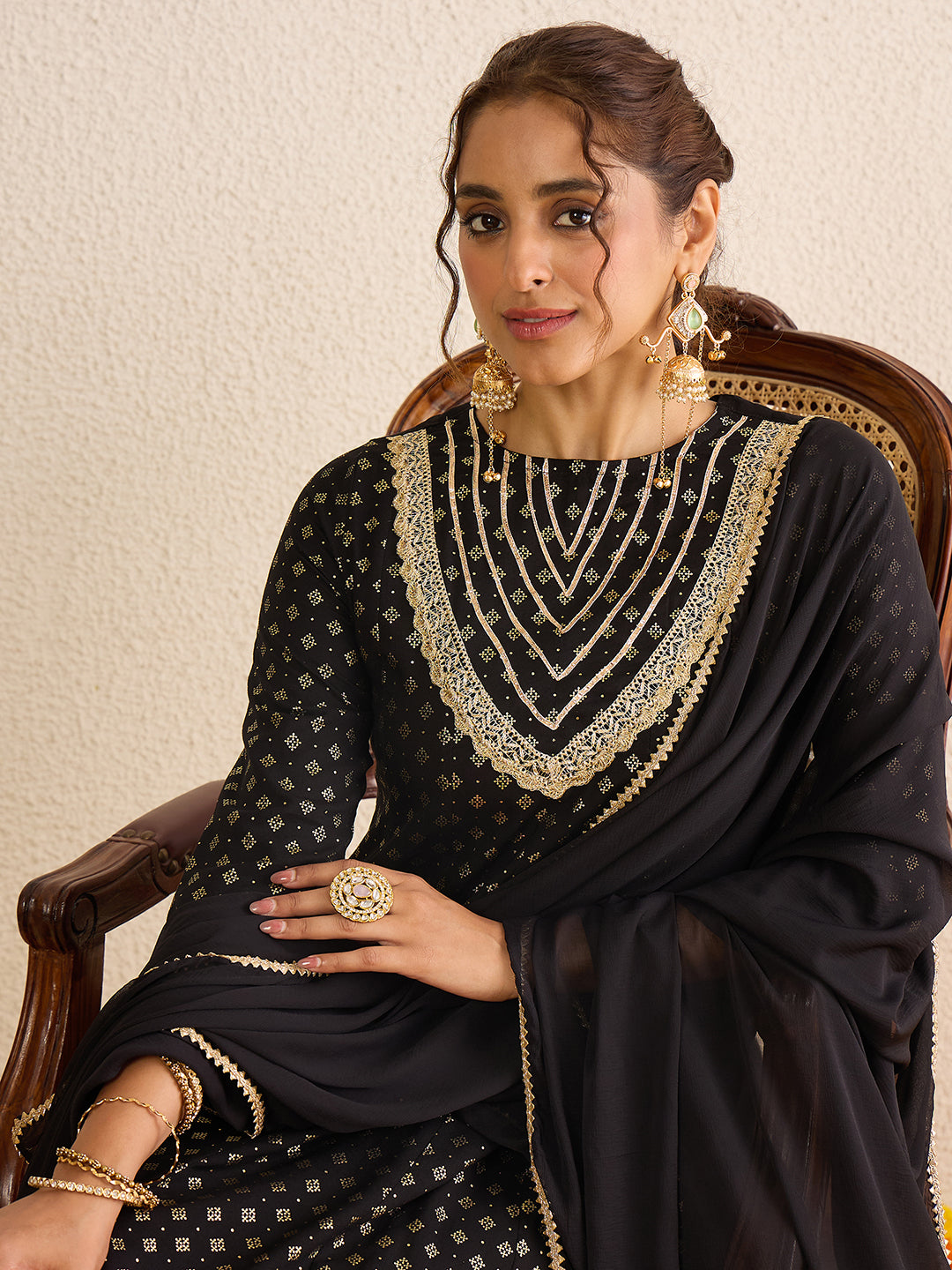 Janasya Women's Black Rayon Embellished Gold Foil Printed Anarkali Kurta Set