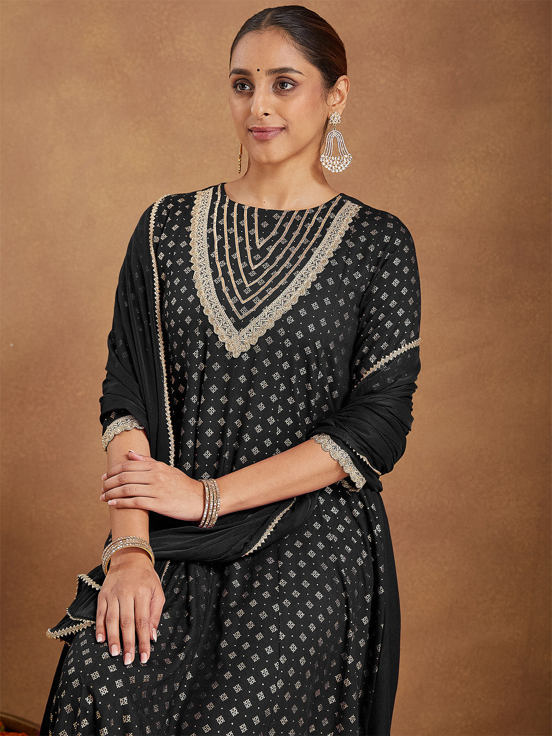 Janasya Women's Black Rayon Foil Print & Embellished Anarkali Kurta Set