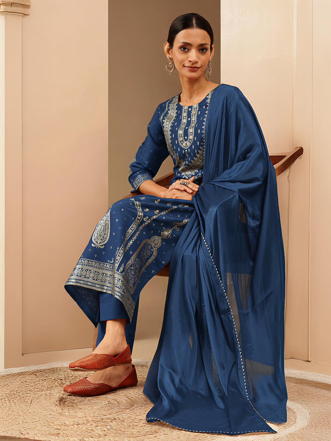 Janasya Women's Teal Blue Silk Blend Ethnic Gold Printed Straight Kurta Set