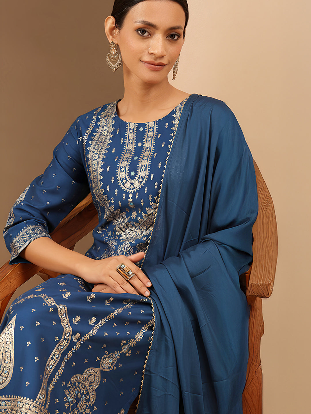 Janasya Women's Teal Blue Silk Blend Ethnic Gold Printed Straight Kurta Set