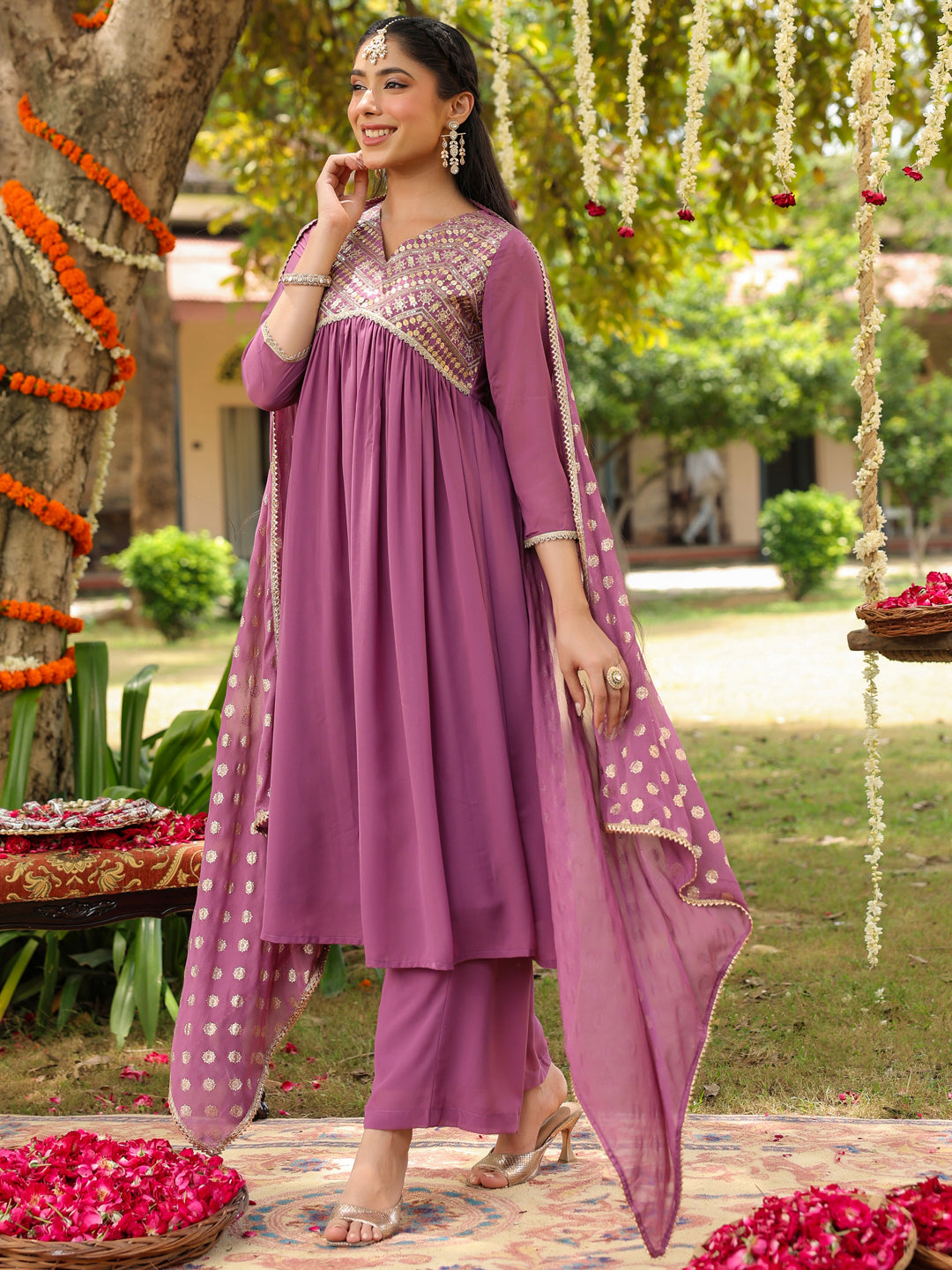 Janasya Women's Lavender Georgette Embellished A-line Kurta With Palazzo & Dupatta Set