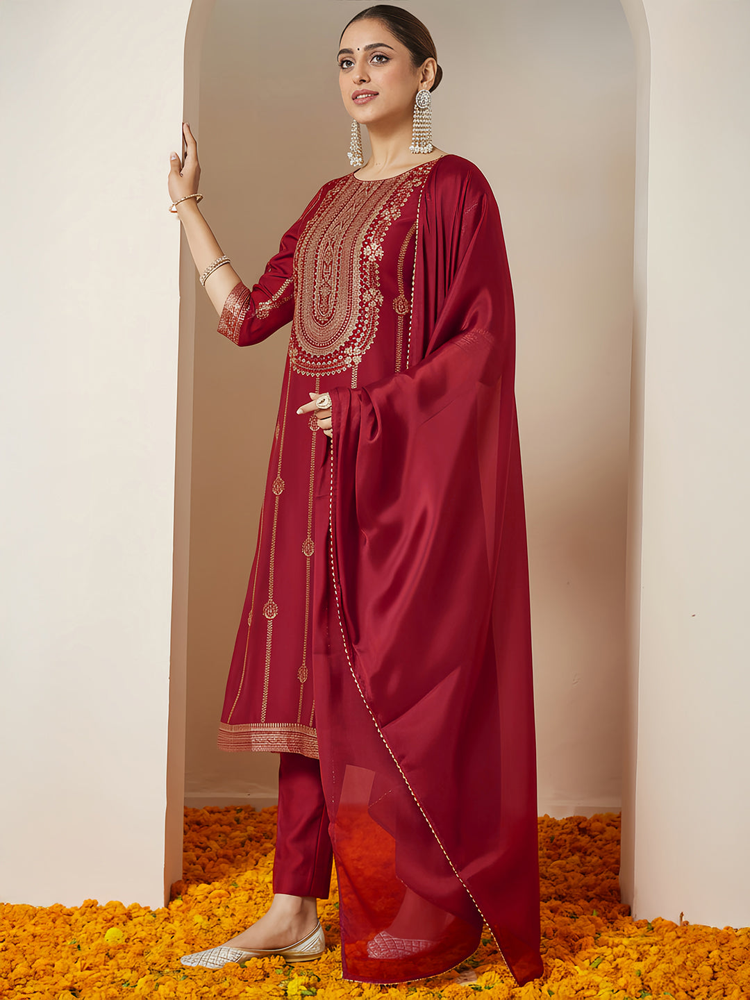 Janasya Women's Maroon Silk Blend Gold Printed Straight Kurta Set