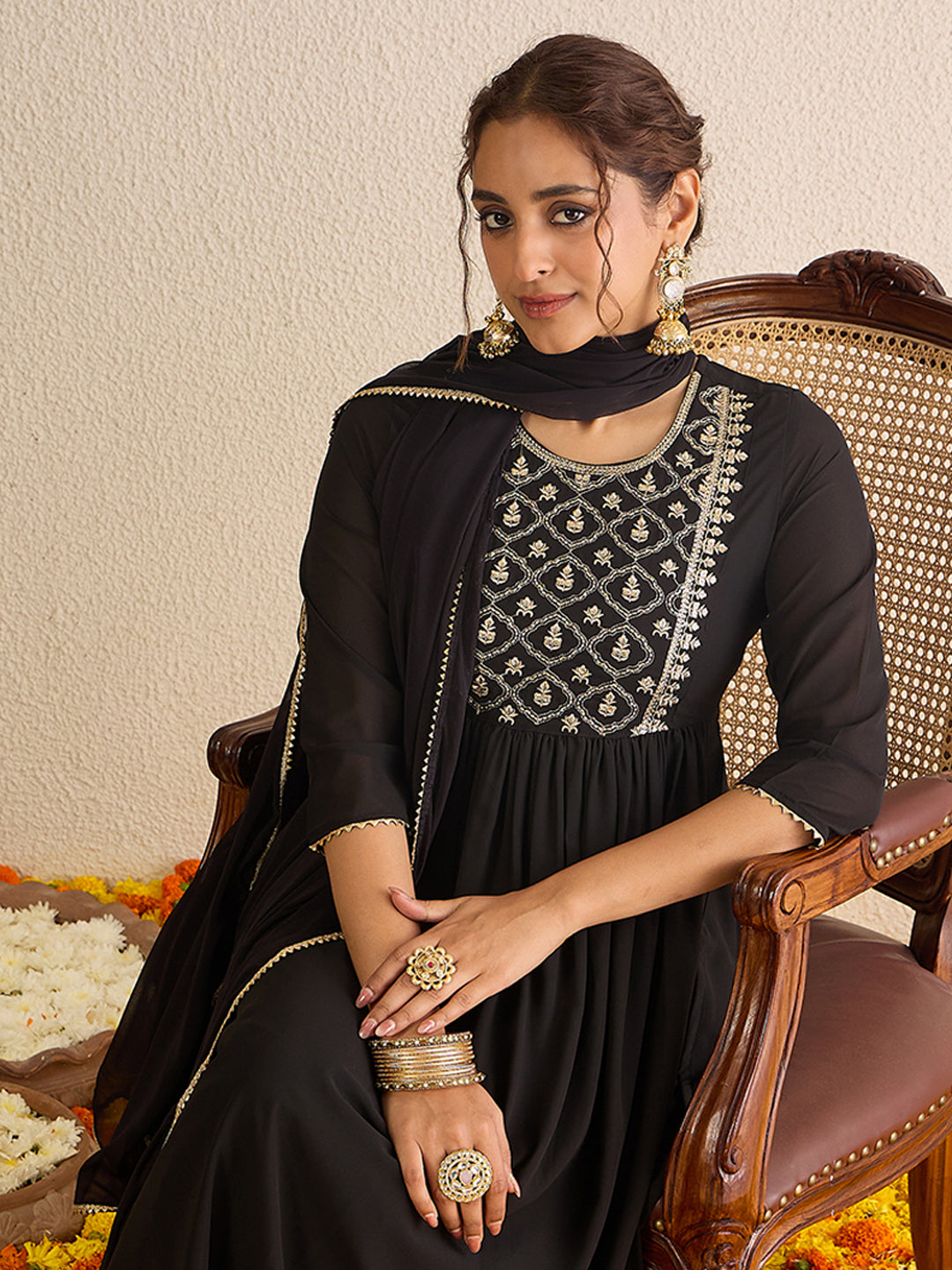Janasya Women's Black Georgette Floral Zari Yoke Embroidered A-Line Kurta Set