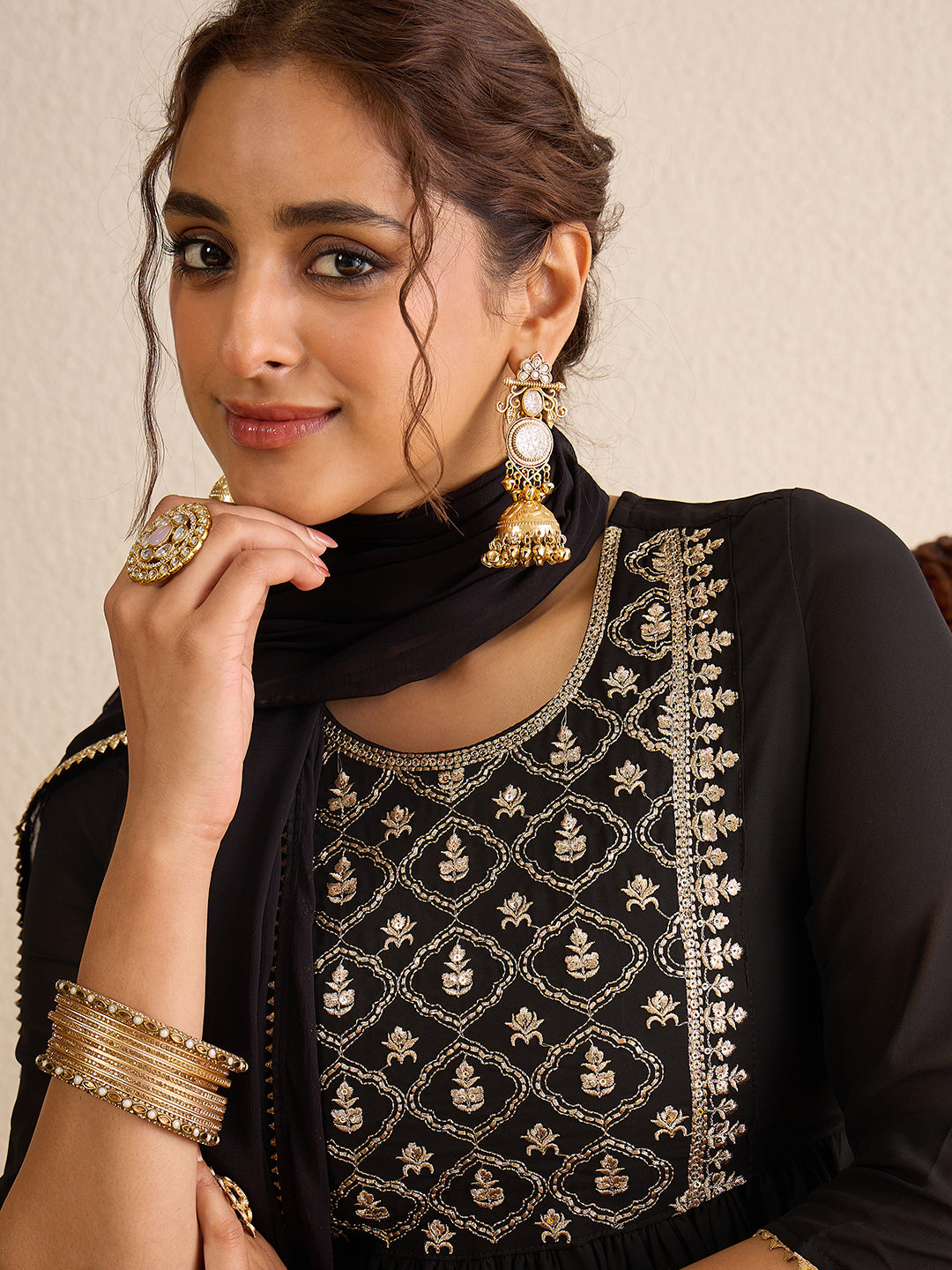Janasya Women's Black Georgette Floral Zari Yoke Embroidered A-Line Kurta Set
