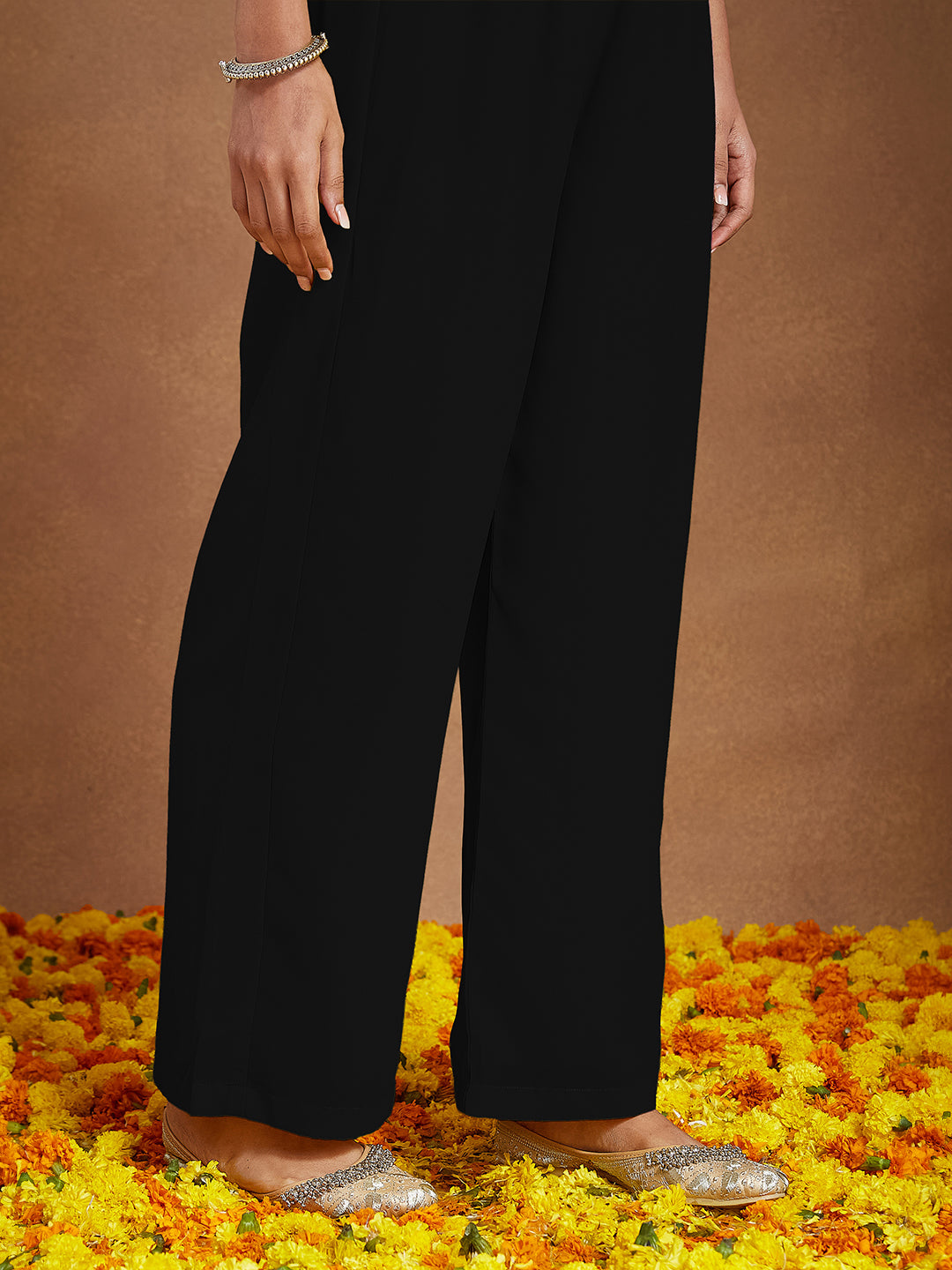 Janasya Women's Black Georgette Zari Yoke Embroidered A-line Kurta With Palazzo & Dupatta Set