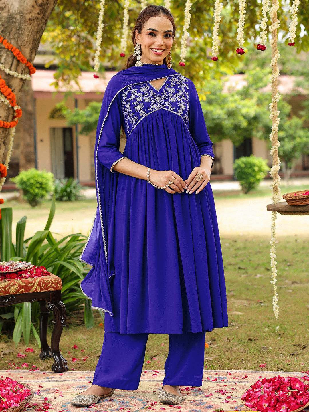 Janasya Women's Royal Blue Georgette Zari Yoke Embroidered A-line Kurta With Palazzo & Dupatta Set