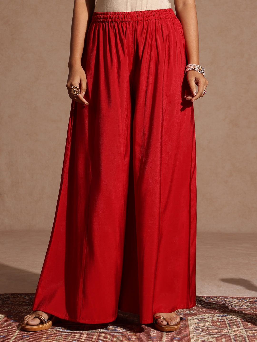 Janasya Women's Maroon Chanderi Silk Embellished Gold Printed Kurta With Sharara & Dupatta Set