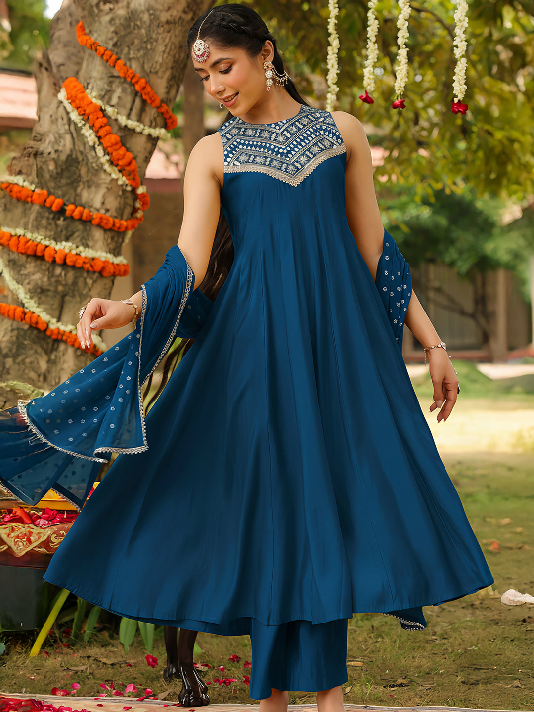 Janasya Women Teal Blue Chanderi Silk Embellished Anarkali Kurta Set With Dupatta