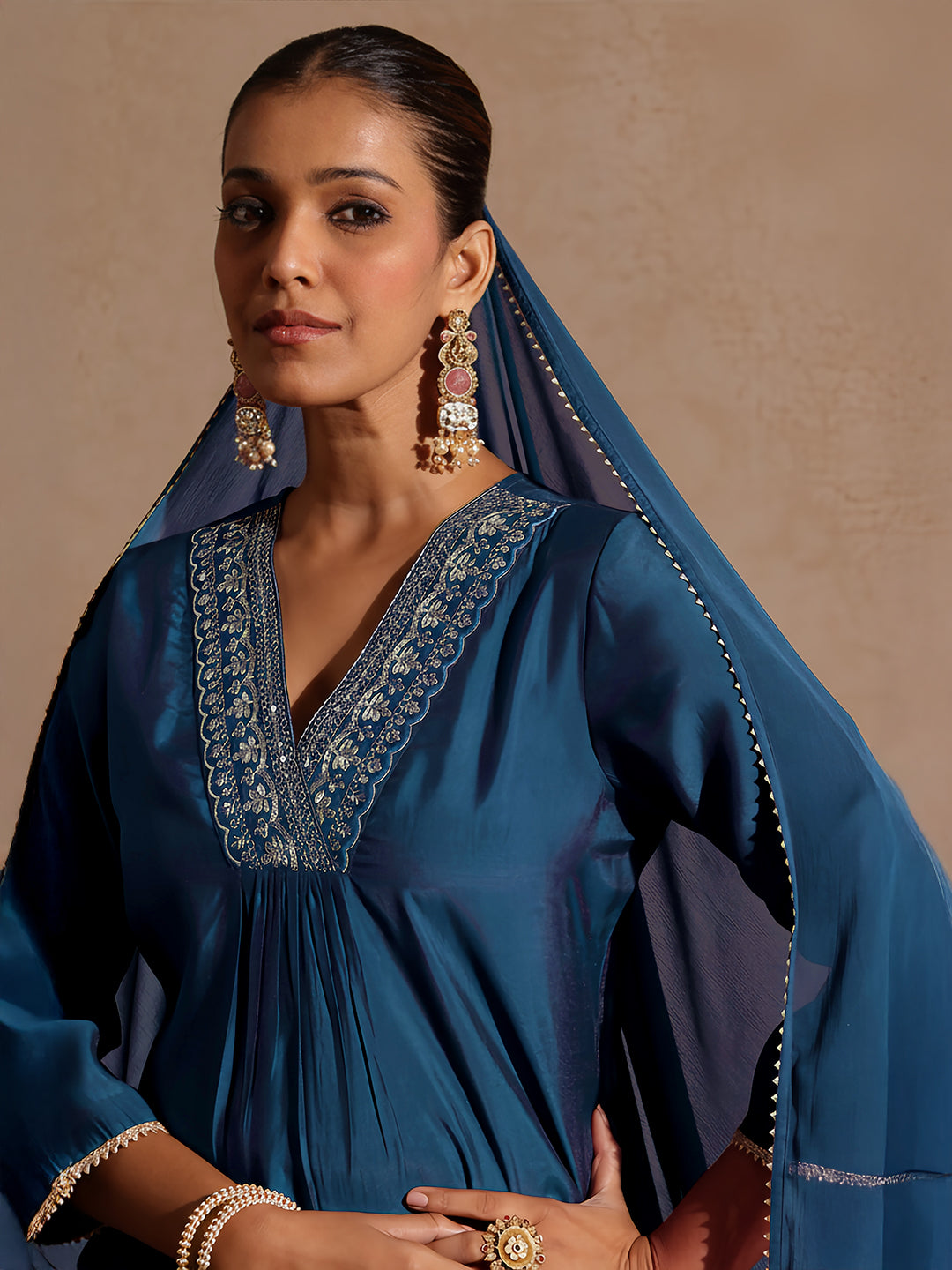 Janasya Women's Teal Blue Chanderi Silk Embellished Straight Kurta Set