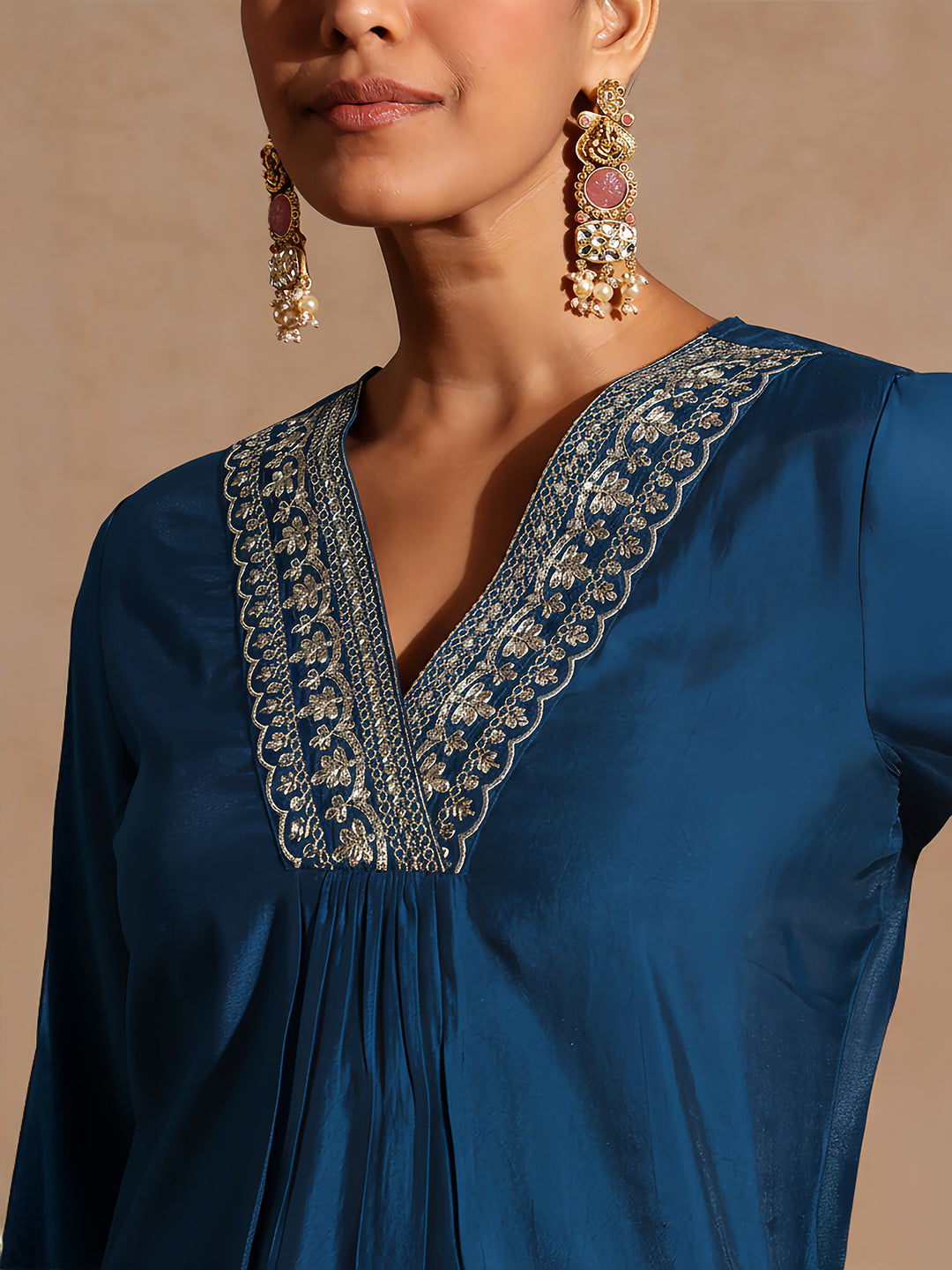 Janasya Women's Teal Blue Chanderi Silk Embellished Straight Kurta Set