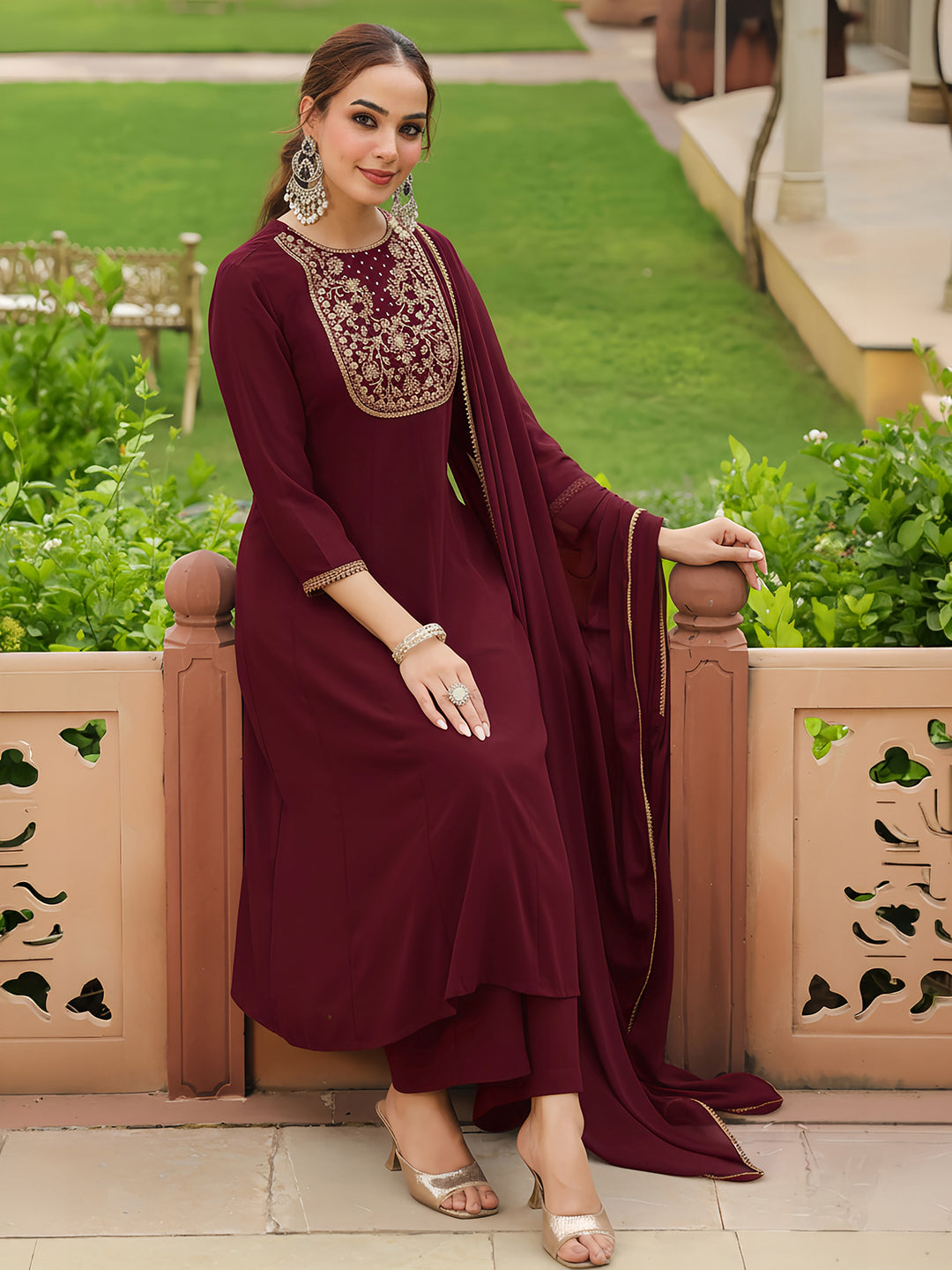 Janasya Women's Maroon Georgette Zari Yoke Embroidered Anarkali Kurta With Palazzo & Dupatta Set