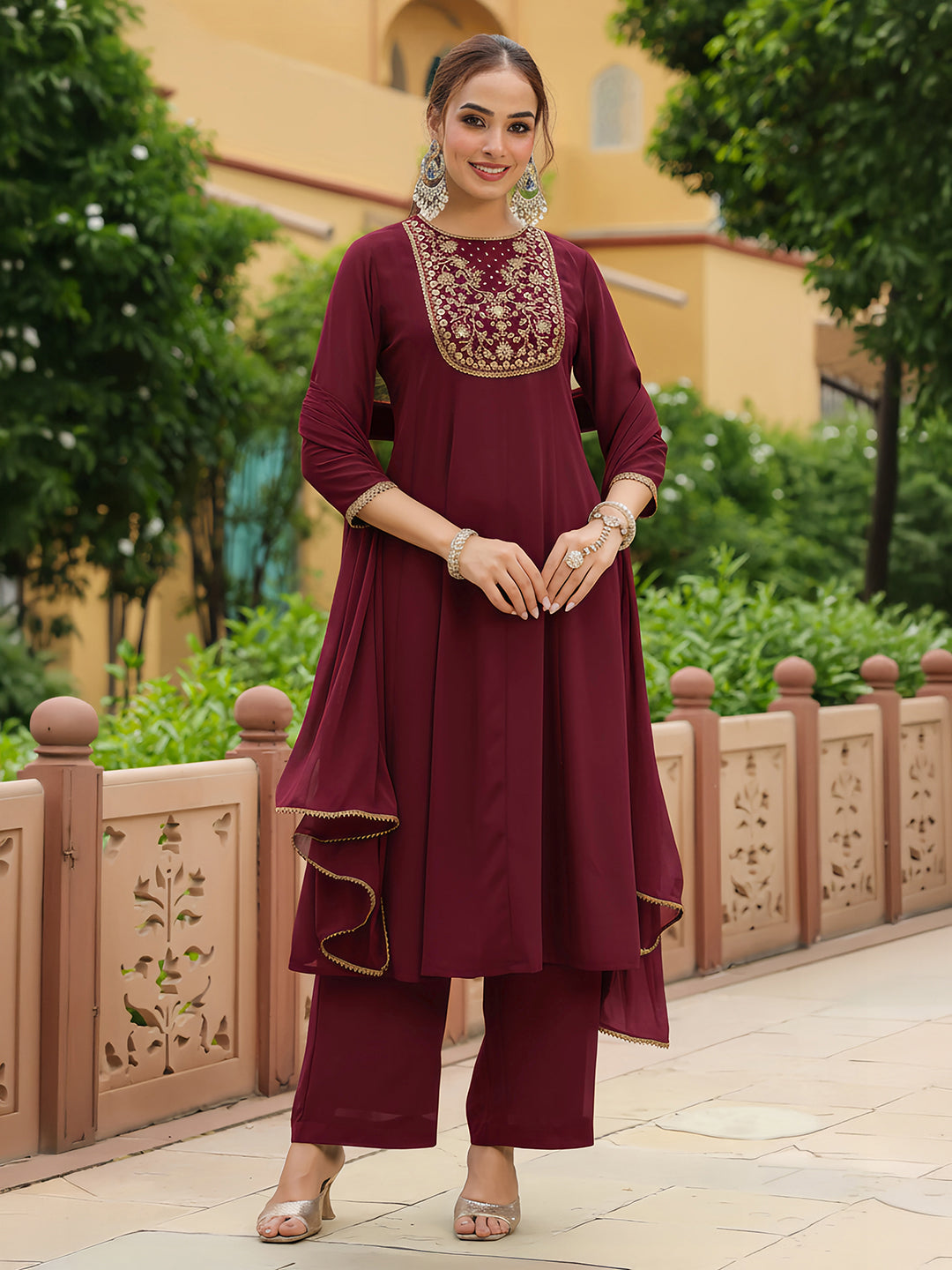 Janasya Women's Maroon Georgette Zari Yoke Embroidered Anarkali Kurta With Palazzo & Dupatta Set