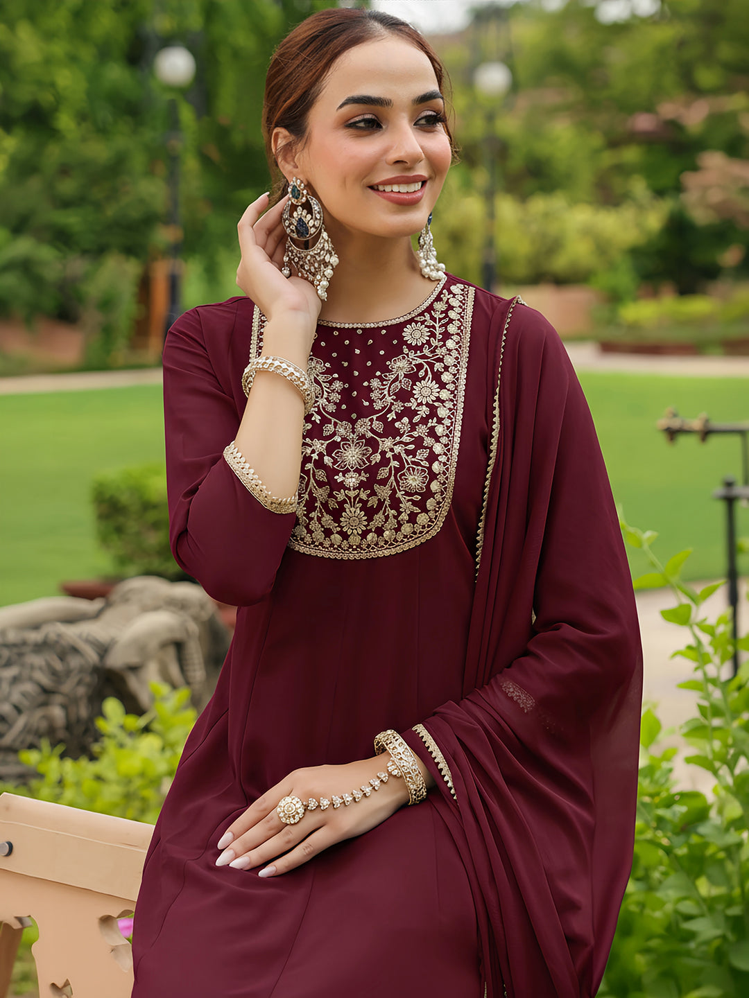Janasya Women's Maroon Georgette Zari Yoke Embroidered Anarkali Kurta With Palazzo & Dupatta Set