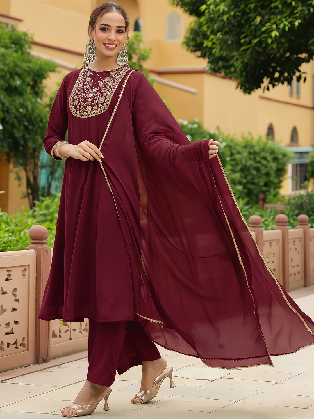 Janasya Women's Maroon Georgette Zari Yoke Embroidered Anarkali Kurta With Palazzo & Dupatta Set