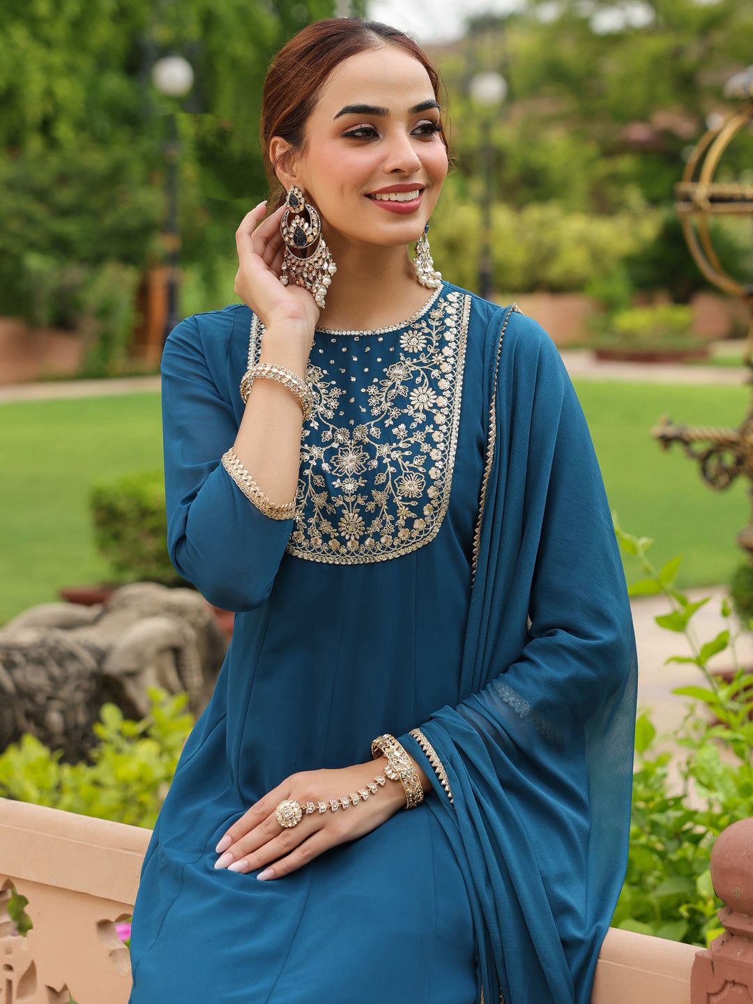 Janasya Women's Teal Georgette Zari Yoke Embroidered Anarkali Kurta Set With Dupatta