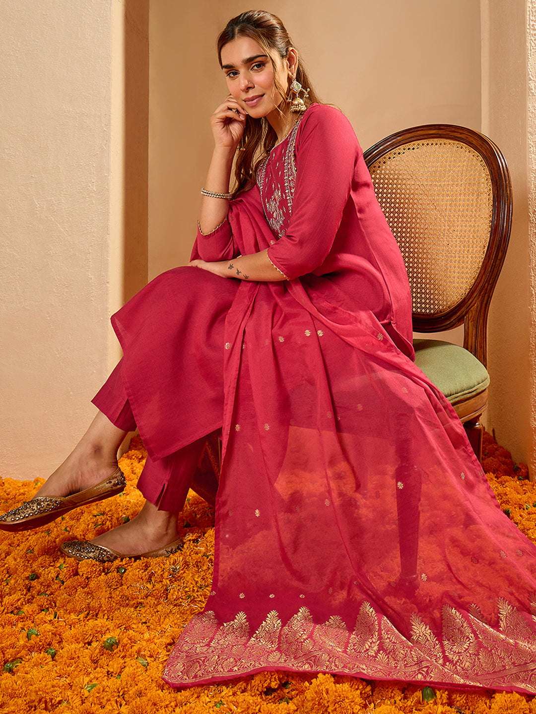 Janasya Women's Pink Silk Blend Zari Yoke Embroidered Straight Kurta Set