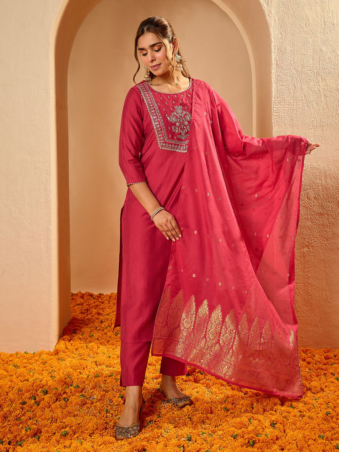 Janasya Women's Pink Silk Blend Zari Yoke Embroidered Straight Kurta Set