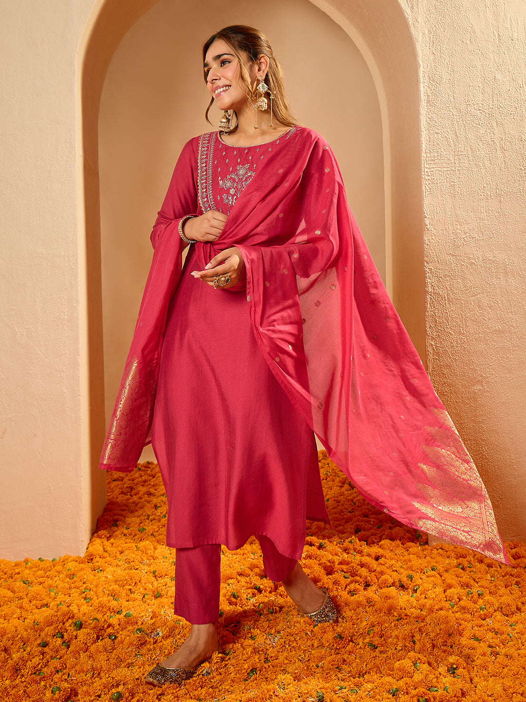 Janasya Women's Pink Silk Blend Zari Yoke Embroidered Straight Kurta Set