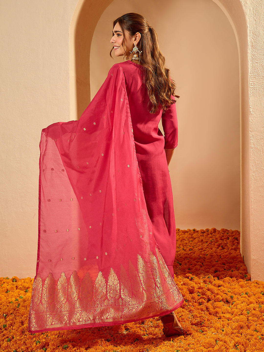 Janasya Women's Pink Silk Blend Zari Yoke Embroidered Straight Kurta Set