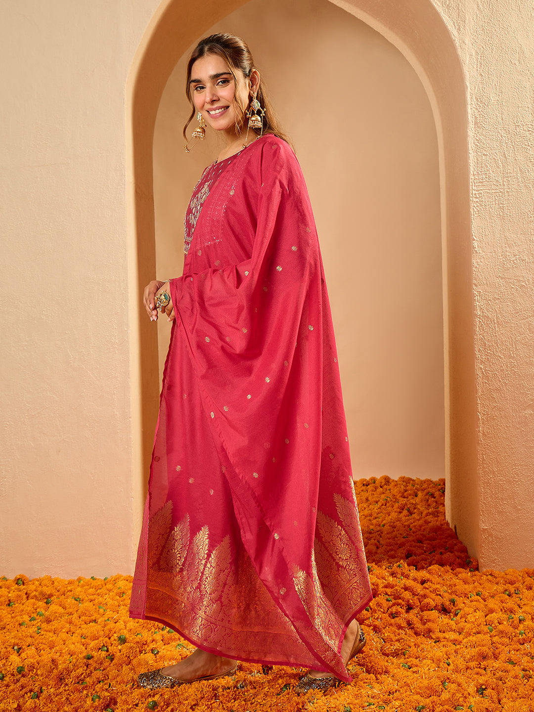 Janasya Women's Pink Silk Blend Zari Yoke Embroidered Straight Kurta Set