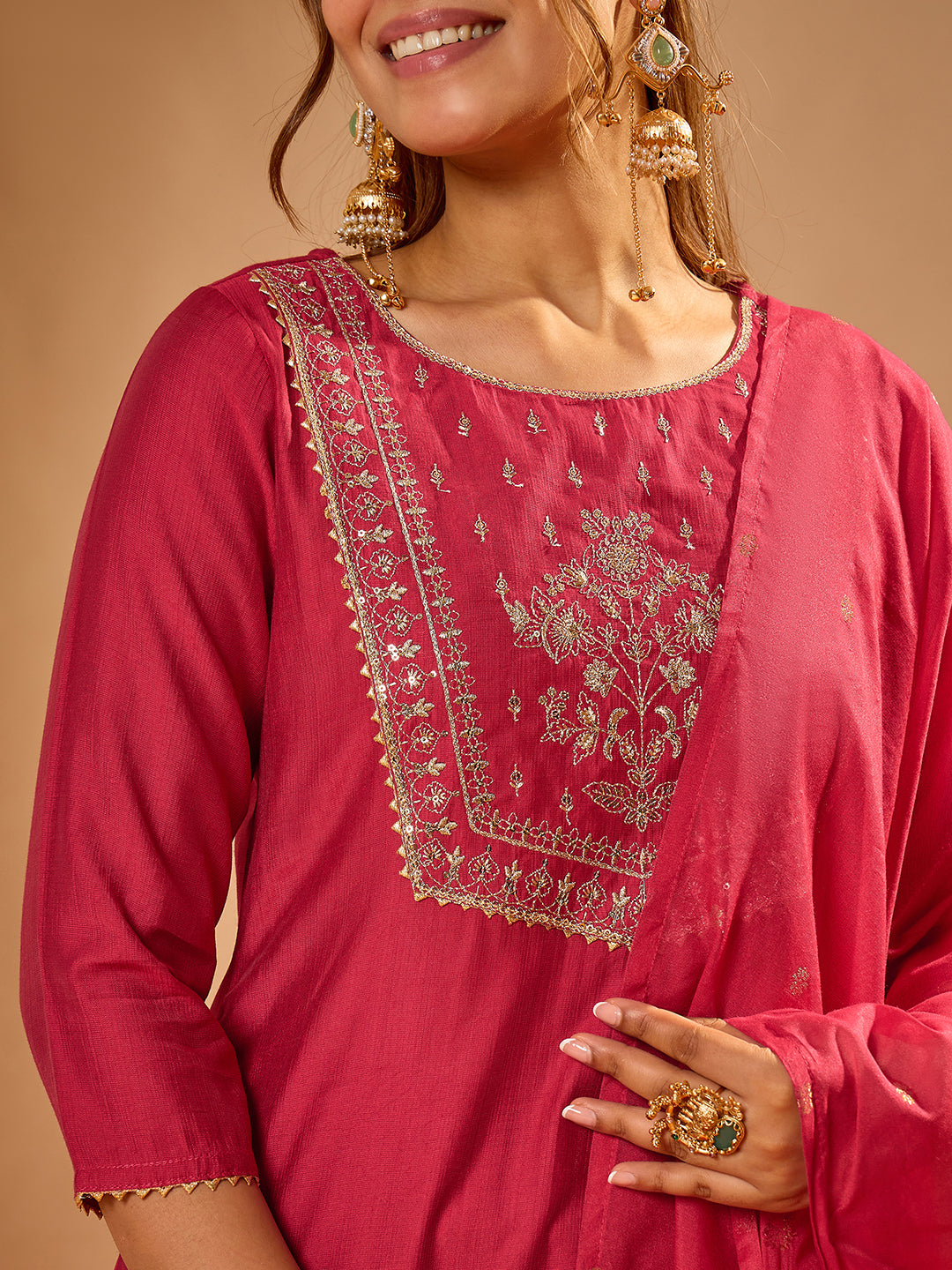 Janasya Women's Pink Silk Blend Zari Yoke Embroidered Straight Kurta Set