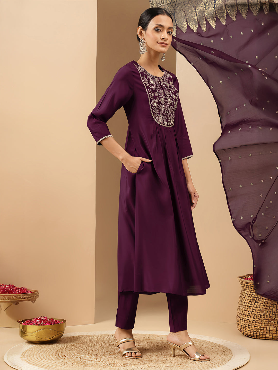 Janasya Women's Wine Chanderi Silk Zari Yoke Embroidered A-line Kurta Set