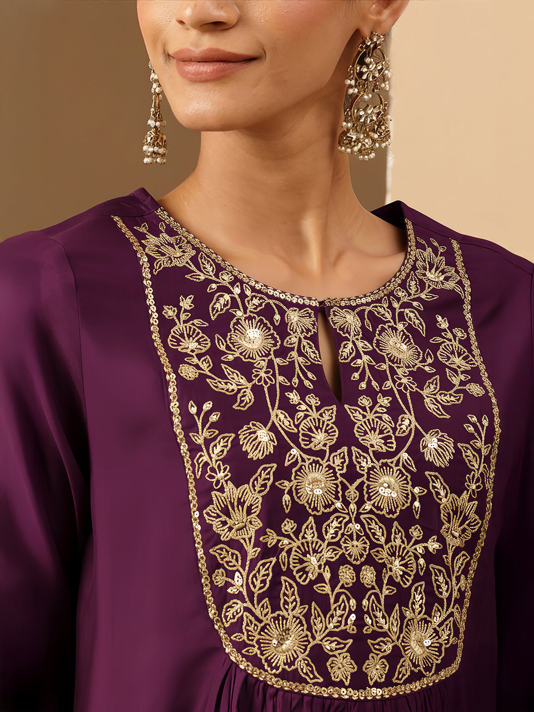 Janasya Women's Wine Chanderi Silk Zari Yoke Embroidered A-line Kurta Set