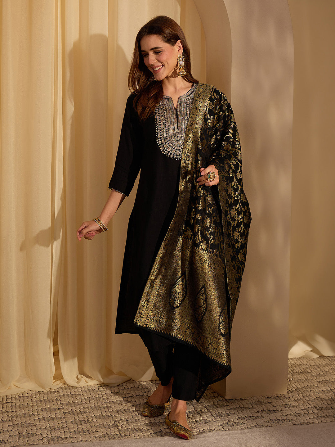 Janasya Women's Black Silk Blend Yoke Embroidered Straight Kurta Set with Jacquard Dupatta