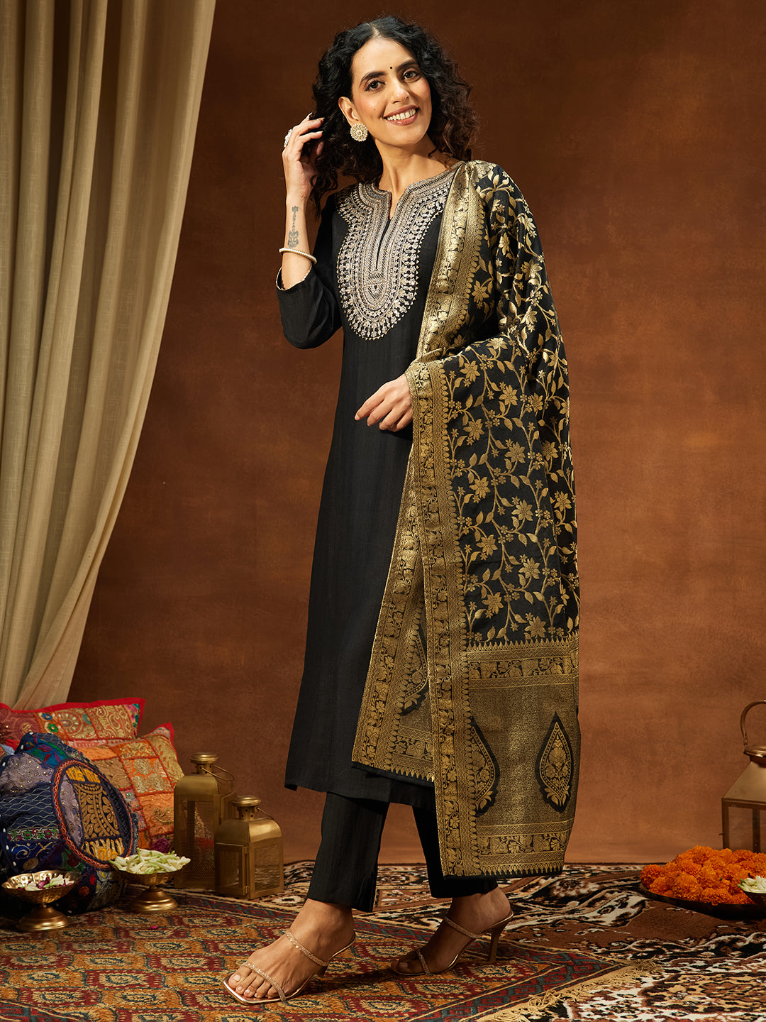 Janasya Women's Black Silk Blend Yoke Embroidered Straight Kurta Set