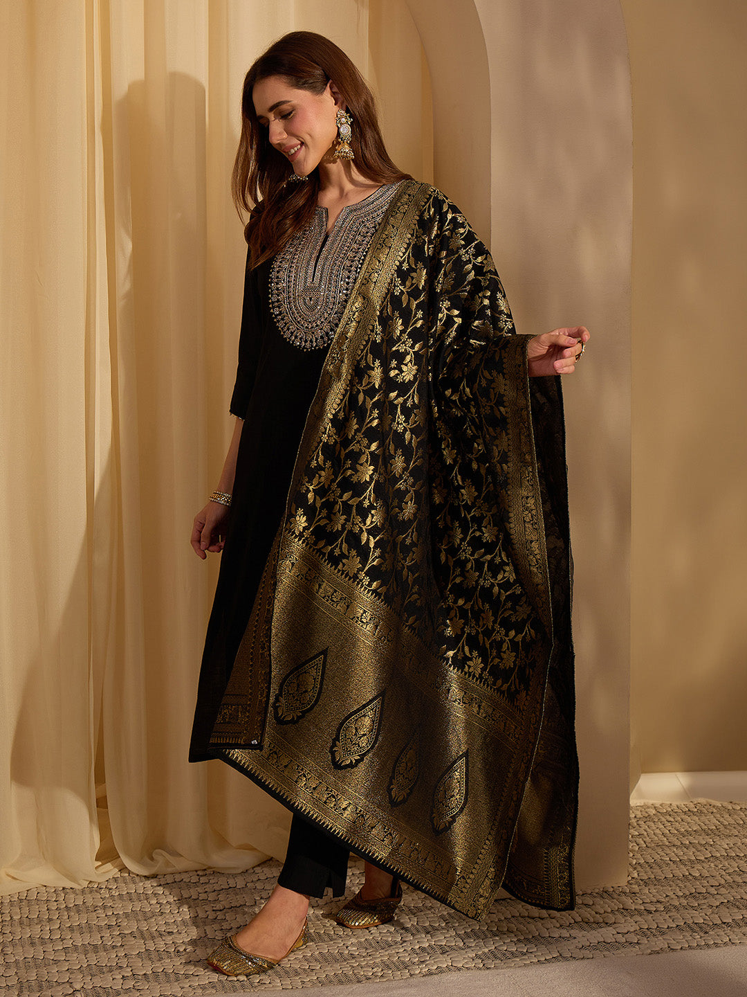 Janasya Women's Black Silk Blend Yoke Embroidered Straight Kurta Set with Jacquard Dupatta