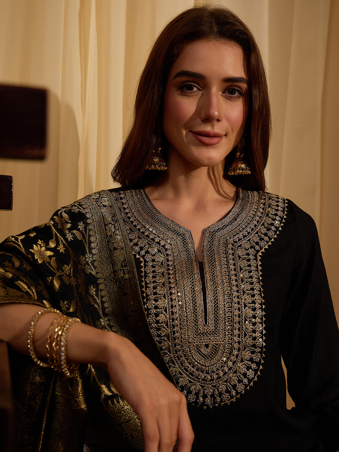 Janasya Women's Black Silk Blend Yoke Embroidered Straight Kurta Set with Jacquard Dupatta